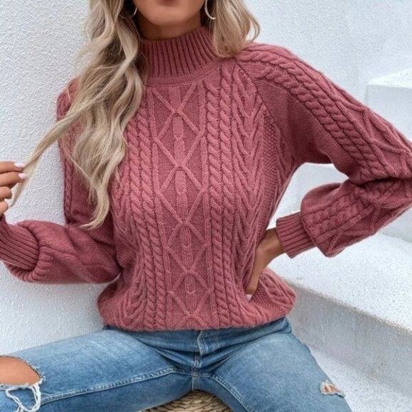 PINK Mock Neck Cable Knit Raglan Sleeve Sweater - Picture 2 of 6